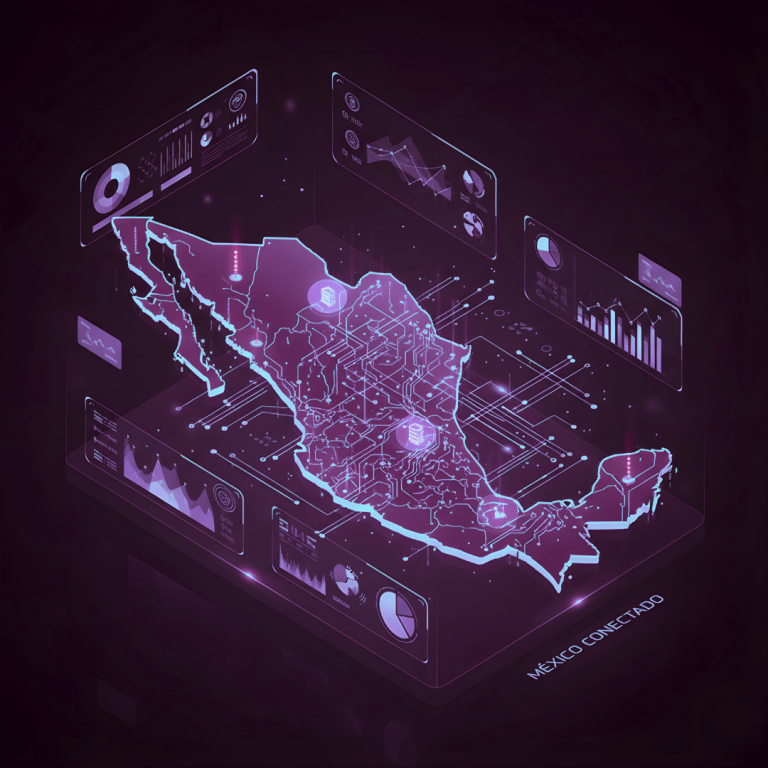 Mapa digital de México en 3D con circuitos integrados y tableros de analítica de datos en tonos neón morado y azul.