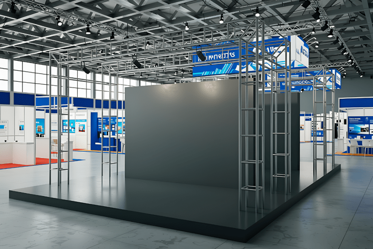 Renderizado 3D de una estructura metálica modular de color gris para un stand publicitario en un centro de convenciones.