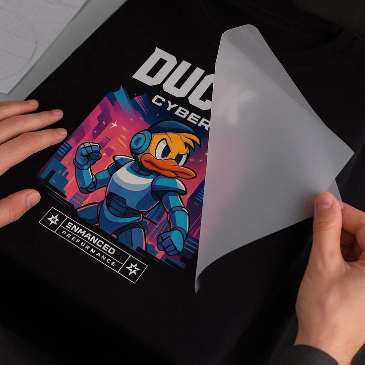 Camiseta negra con impresión multicolor de gran calidad mediante técnica DTF.