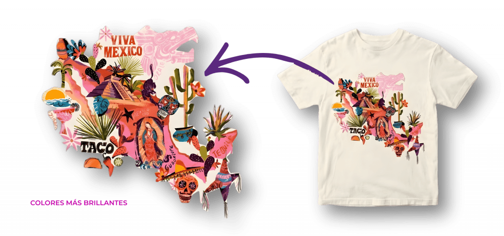 Diseño gráfico aplicado mediante impresión DTF en camiseta, mostrando proceso de transferencia desde ilustración digital.